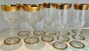 Gold-Trimmed Cut Glass Champagne Flutes & Wine Glasses (Lot of 12)