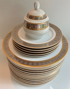 Geometric Gold & Silver Trim Porcelain Dinnerware Set