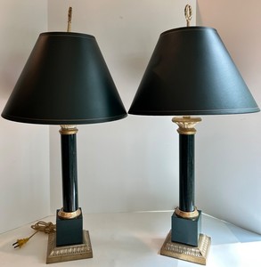 Pair of Neoclassical Black and Gold Table Lamps