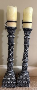 Pair of 28 in Gothic-Style Ornate Candlestick Holders With Pillar Candles