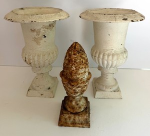 Vintage 3pc - Painted Metal Urns & Finial Decor Set