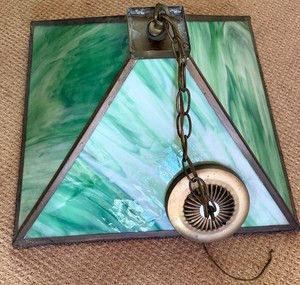 Green Slag Glass Hanging Lamp - Untested, 18 in