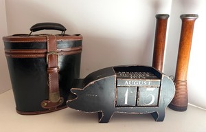 Mixed Lot Pig Calendar, Wood Bobbin Spools & Leather-Style Case - 4 Pieces