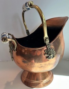 Vintage Copper Coal Scuttle With Porcelain Handles