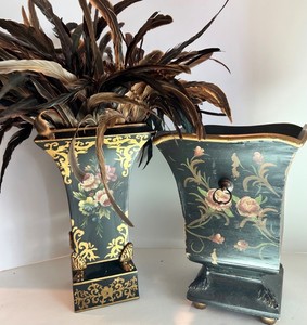 Ornate Floral Painted Planters With Feather Arrangements