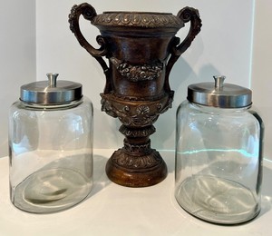 Ornate 17in Urn Planter With 2 Glass Jars