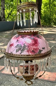 Antique Victorian Hand-Painted Floral Peony Pull-Down Ceiling Lamp With Crystal Prisms