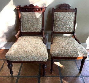 Pair of Antique Eastlake Carved Wood Upholstered Chairs