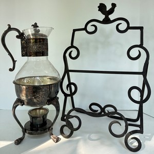 Ornate Rooster Wrought Iron Stand & Glass Carafe Warmer Mixed Lot