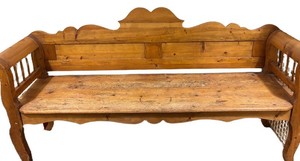 Pine Wood Hall Bench With Carved Crest and Scalloped Apron