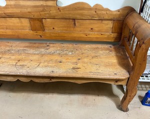 Pine Wood Hall Bench With Carved Crest and Scalloped Apron