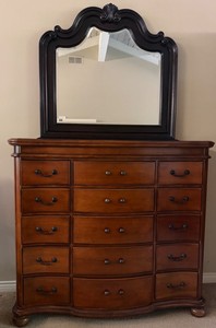 Traditional Cherry-Finish Bombe-Front Dresser With Ornate Mirror