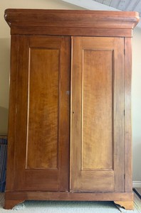 Vintage Primitive Wood Armoire - Paneled Doors, Shelves & Drawers