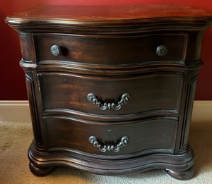 Figured Wood Bombe 3-Drawer Chest - Ornate Hardware