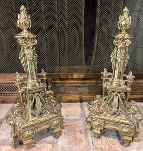 Vintage Ornate Brass-Tone Fire Dogs  Adirons - Pair - 17 in