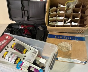 Mixed Lot Tool Shop 12V Drill, Granite Tiles, Feit Dimmers & Hardware