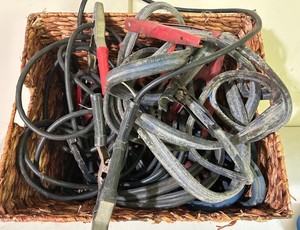 Mixed Lot of Jumper Cables in Woven Basket