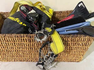 Mixed Lot Ice Scrapers, Shoe Spikes, Ratchet Straps & Snow Chains