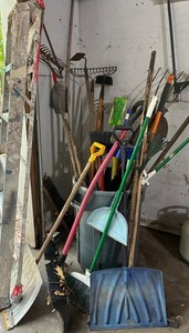 Mixed Lot Garage & Yard Tools With Extension Ladder