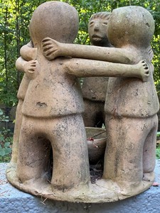 Cast Stone Four-Child Embrace Garden Sculpture With Center Planter