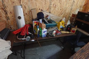 5 Banquet Table with Contents - Chemicals, Jumper Cables, Tools