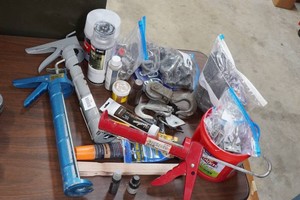 Assorted Hardware - Caulk Guns, Pully Hooks, Wood Restore