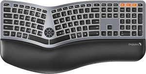 Backlit Bluetooth Ergonomic Keyboard, ProtoArc EK01 Plus Full Size Wireless Split Keyboard with Dual Bluetooth and USB, Cushioned Wrist Rest, Rechargeable for WindowsMacAndroid, Grey Black