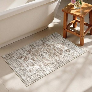 $29 Uphome Boho Bathroom Rugs, Distressed Farmhouse Khaki Bath Mat, Comfy Velvet Small Bath Rugs Non Slip Washable, Vintage Oriental Toilet Rug for Sink Shower Vanity, 20x32 inch