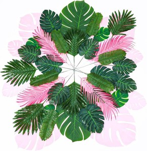 $25 80 PCS Artificial Tropical Palm Monstera Leaves, Pink Green  11 Kinds, With Stems, Summer Beach Party Decoration, Wedding Birthday Decor, Bulk Fake Leaf Table Centerpiece