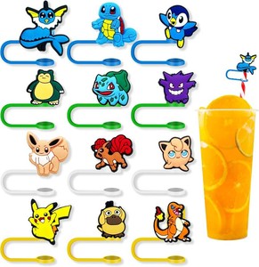 12Pcs Straw Covers Cap for Tumblers, Cute Cartoon Straw Topper, Silicone Straw Tip Covers for Drinking Straws (12Pcs Anime 8mm 91)