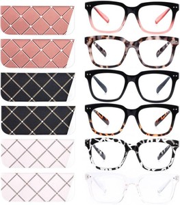 6 Pack Fashion Reading Glasses for Women Men Blue Light Blocking Oversized Square Readers with Spring Hinge