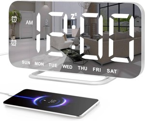 Slim LED Digital Alarm Clock, Mirror Surface for Makeup, with Diming, Large Display, Easy Setting, USB Charger Ports, Modern Bedroom, Desk, Office Living Room Decor, Christmas Birthday for Women Girl
