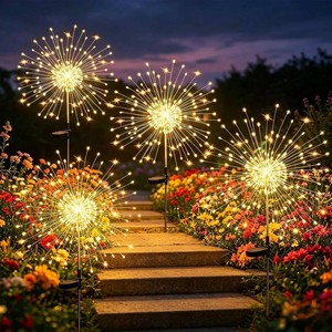 $25 Solar Fireworks Lights for Outside 4 Pcs 120 LED Solar Garden Light  8 Modes Starlit Starburst Light, Waterproof Solar Dandelion Lights for Yard Patio Pathway Party Wedding Flowerbed Decor