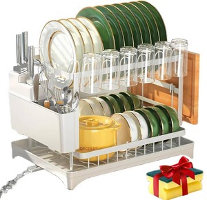 $29 2-Tier Dish Drying Rack with Drainboard, Sink & Countertop Metal Dish Rack Organizer, Dish Drainers for Kitchen Counter, White Dish Racks