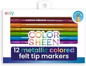 Ooly Color Sheen Metallic Felt Tip Markers, Set of 12  Ages 6, Vibrant Metallic Solid Colors for White or Black Paper, Drawing and Coloring Pens for Kids and Adults