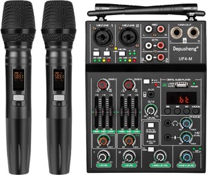 $104 Depusheng Professional Audio Mixer, 4 Channel Sound Mixer With Dual Wireless Mic, Sound Board Console MP3 Bluetooth 48V Phantom Power USB Interface DJ Mixing for PC Recording Webcast Party