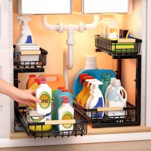 $25 Under Sink Organizer, Heavy-Duty & Rust-Resistant Carbon Steel Metal, 2 Tier Pull Out Under Bathroom Sink Storage, Adjustable Height (13.8 -16.9), Organizer for Kitchen Cabinet(2PCS,Black)
