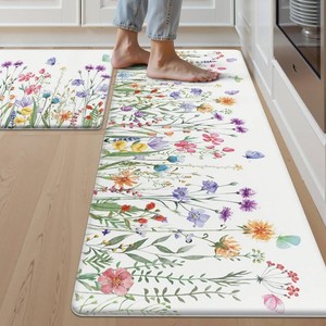 $33 SHACOS Floral Kitchen Rugs Set of 2, 17x27.517x47 inch  Spring Summer Anti-Fatigue Kitchen Mats, White Cushioned Mats with Colorful Wild Flowers Butterfly