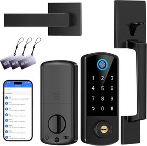 $80 Keyless Entry Door Deadbolt with Handle Set, BEBASIA Fingerprint APP Smart Door Lock, Digital Keypad Bluetooth Deadbolt Lockset with Auto Lock Code Fob Black