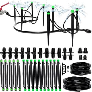 $35 Drip Irrigation System Kit for Garden Watering, Sprinkler, 100 ft  For Garden, Yard, Raised Beds, Plants, Lawn, with Barbed 516 Mainline  14 Tubing  30 Emitters, 20-45 PSI and up to 40 GPH
