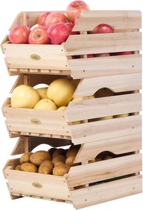 $35 HABAU Wood Potato Onion Storage Bins - Wooden Stackable Produce Basket - Fruit Vegetable Storage for Kitchen Pantry Organization, Set 3 Pieces