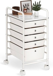 $46 6-Tier Rolling Cart with 5 Drawers, Rolling Utility Cart with 2 Lockable Caster Wheels, Multipurpose Mobile Rolling Storage Drawer Cart for Office Bathroom Kitchen, Ivory White
