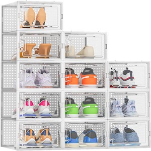 $30 HOMIDEC Clear Shoe Storage Boxes, Stackable Shoe Organizer for Closet  12 Pack, for Size 10, Plastic, Waterproof and Dustproof, Shoe Rack for Closet, Entryways, Under-bed Storage