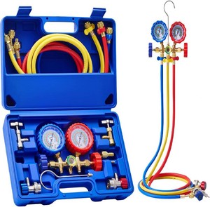 $50 OMT 3-Way AC Manifold Gauge Set for R12 R134a R502 R22, 5 ft Hoses  Includes R134a Couplers Self-Sealing & Piercing Can Taps 29  Adapter Solid Brass Build Ideal for Auto Freon Recharge