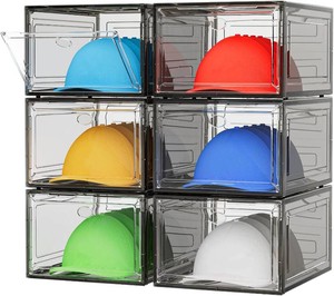 $30 YKLSLH Hat Organizer Box, 6 Boxes for 40 Pack Hats, Upgrade Harder Solid Plastic Hat Organizer for Baseball Caps, Clear Hat Storage with Magnetic Door, Hat Rack Holder Case, Black