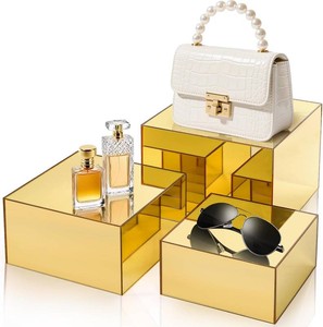 $26 Hacaroa 3 Pack Acrylic Risers Display Stands, Gold Buffet Riser Perfume Organizer, Mirror Food Risers Cube Boxes for Catering, Dessert, Cupcake, Jewelry, Figures, Hollow Bottom, 3 Sizes