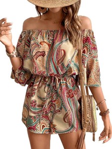 $37 Milumia Womens Off The Shoulder Romper Boho Shorts Dressy Summer Outfits  Short Jumpsuit, Tropical Print, Elastic Waist, Casual, Beach Vacation Outfits,Shorts Jumpers XL