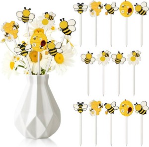 TICIAGA Summer Bee Wooden Picks - 14PCS Double-Sided Cute Honeybee Decorative Pick for Home Vase Filler, Wood Bumblebee Stems Nectar Floral Pick for Home Table Centerpiece Farmhouse Decor Spring Party