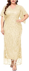 $90 Plus Size Formal Dress Sequin Leaf Embroidery Handkerchief Sleeve V-Neck Evening Gown Wedding Guest Maxi Dresses 4XL