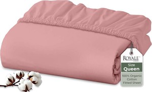 Royale Linens 100% Organic Cotton Fitted Sheet - Percale Weave - Super Soft Deep Pocket Bottom Sheets - Pink Elastic Sheet Queen Size - Queen Fitted Sheets Only - (60x8015, Pink)